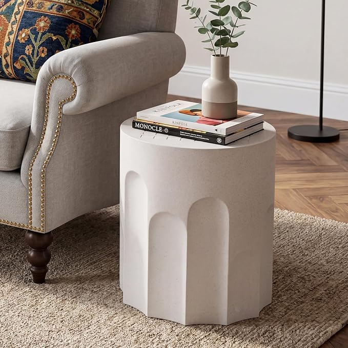 HOMPUS Outdoor Side Table with Checkeboard Grain Tabletop, Round Shaped MgO Lightweight Concrete End Tables, Modern Vintage Patio Accent Table for Indoor Outdoor Use, Spotted White