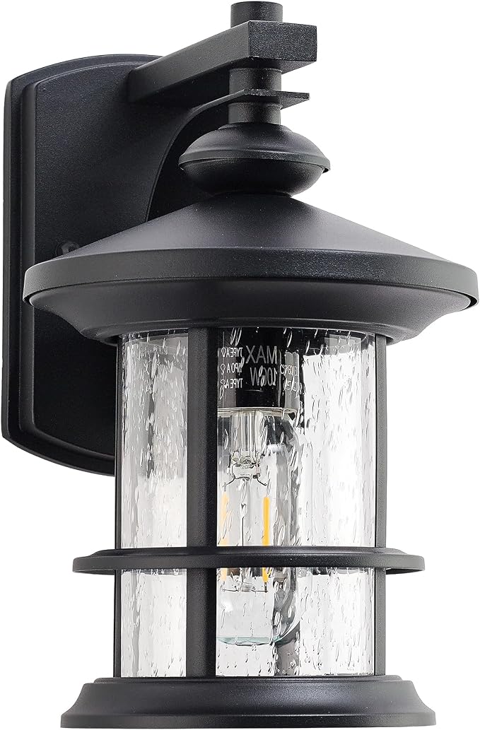 MICSIU 100W Max Modern Industrial Textured Black Outdoor Wall Light 1 Pack | 10 Inch Metal Round Exterior Wall Sconce Lighting, Clear Seedy Glass Porch Light for Entryway, Garage, Front Door