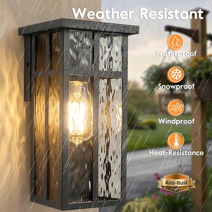 Outdoor Wall Light Fixtures, Modern Black Porch Wall Lights | Waterproof Construction & Durable Metal, Rust-Resistant, Quick & Easy Installation, Ripple Glass Shades & Standard E26 Socket