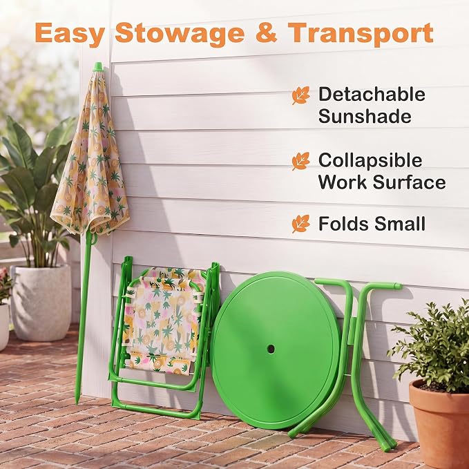 KOTEK Kids Picnic Table with Umbrella, Outdoor Table & 2 Folding Chairs, Cute Pattern Children’s Patio Furniture, Portable Kids Table and Chair Set for Backyard, Garden, Beach (Green Forest)