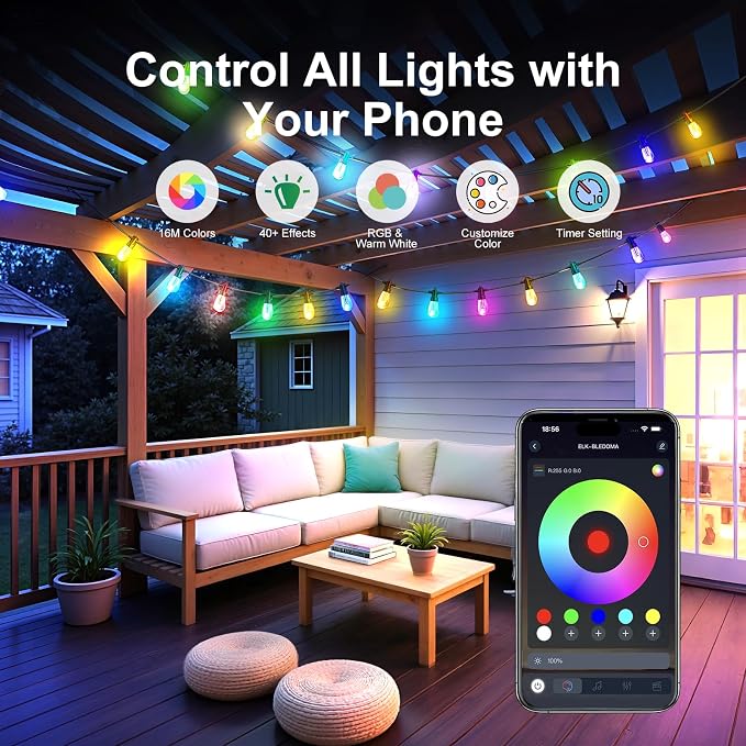 Color Changing Outdoor String Lights 48FT, Waterproof Patio Lights | 15 Dimmable Shatterproof LED Bulbs,Multicolor & Warm White, IP67 Waterproof, Custom Colors, Timer, Replaceable LED Chips, 24V