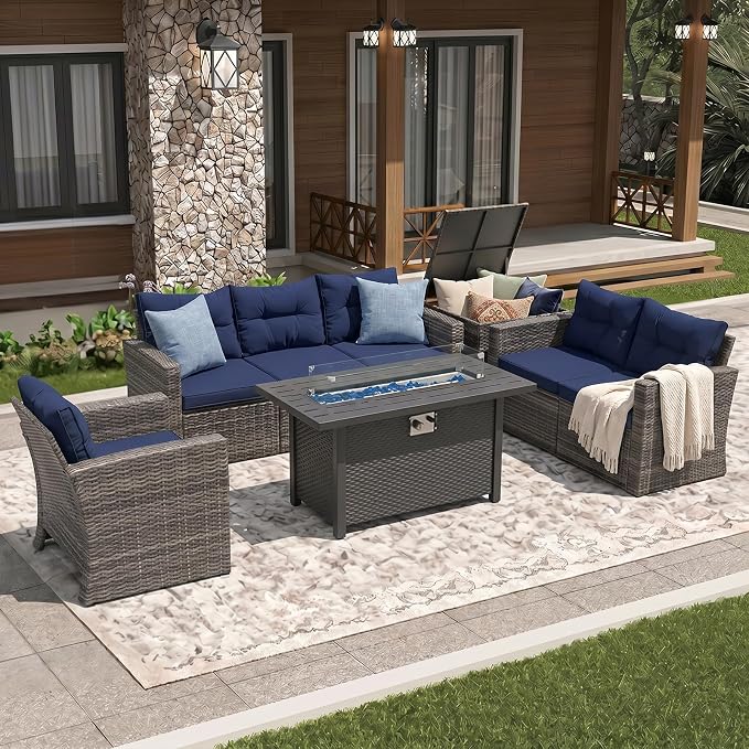 Super Patio 8 Pieces Outdoor Patio Furniture Set with 45” Fire Pit Table, Rattan Patio Conversation Sets with 50000 BTU Gas Fire Pit, Sectional Sofa Set with Storage Box, Navy Blue (Without Table)