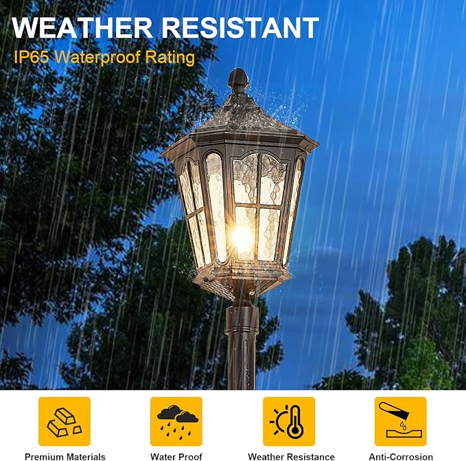 Dusk to Dawn Outdoor Post Lights with Outlet, Waterproof Outside Pole Light with Water Ripple Glass, Exterior Vintage Black Street Lamp Fixtures for Garden, Pathway, Yard