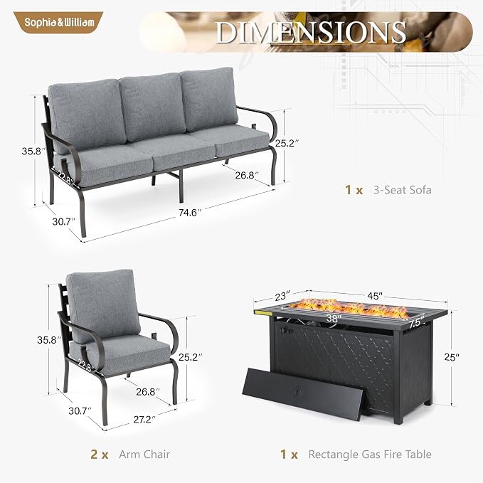 Sophia & William Patio Conversation Set for 5, 3-Seater Sofa, 2 Fixed Chairs and a 45" Fire Pit Table, Metal Outdoor Furniture with 5.75" Extra Thick Cushions, Grey