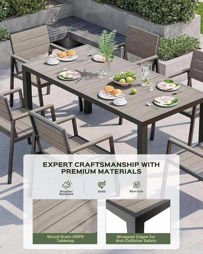 Vexwalx 67" HDPS Outdoor Patio Dining Table, Aluminum-Edged Outdoor Dining Table with Umbrella Hole, Weather-Resistant for Lawn, Garden, Poolside and Indoor Use, Gray