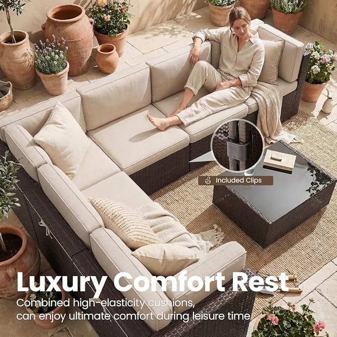 10 Pieces Patio Furniture Set with 44" Propane Gas Fire Pit Table, Outdoor Sectional Brown Rattan Wicker Conversation Sofa Sets with Coffee Table