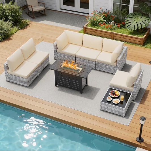 LOUVIXA 8 Piece Outdoor Patio Furniture Set, Outdoor Sectional Sofa with Firepit Table, Wicker Rattan Patio Furniture, Patio Conversation Set with Coffee Table & Cushions