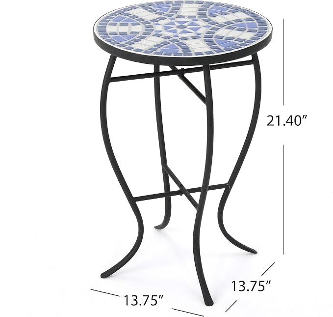 Blue White Mosaic Tile Round Side Table, Coastal Patio End Table with Curved Black Wrought Iron Legs, Weather Resistant Small Accent Table for Balcony Backyard Porch Living Room
