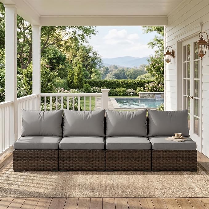 4 Pieces Patio Furniture Set, Outdoor PE Rattan Sectional Sofa with Soft Cushions for Backyard, Porch, and Poolside (Gray, 4 PCS)