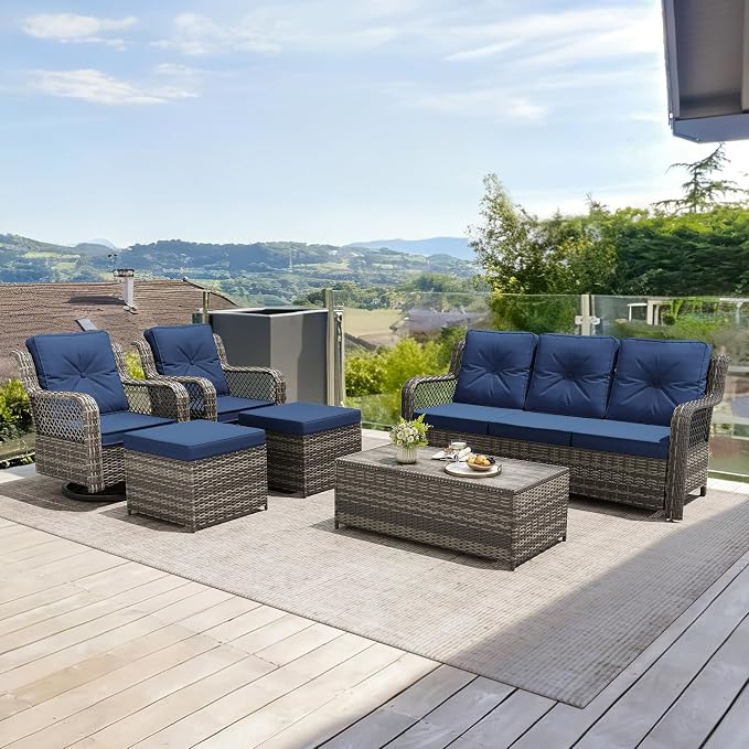 Outdoor Patio Furniture Set with Swivel Chairs and Ottoman, 6 Pieces All-Weather Wicker Patio Conversation Sets with Sofa and Coffee Table for Backyard, Porch, Balcony, Blue