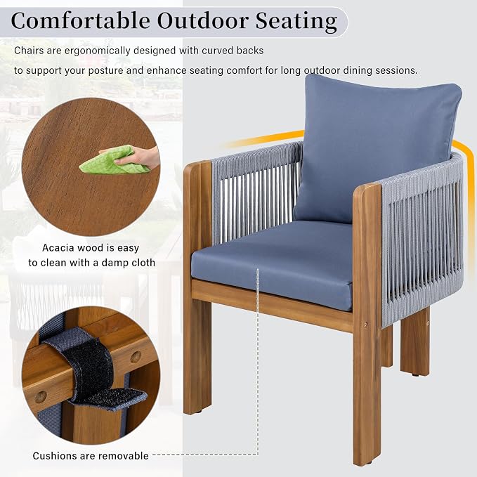 VilroCaz Luxury 5-Piece Patio Dining Set for 4, Acacia Wood Dinning Set with 4 Rope Woven Chairs and Cushions, All-Weather Outdoor Conversation Set for Garden Backyard Balcony (Brown+Gray)