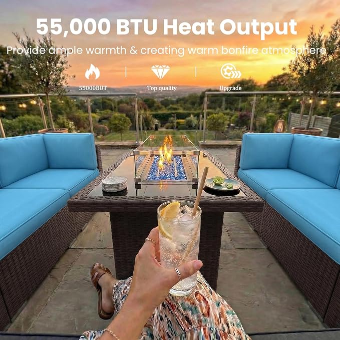 8 Pieces Patio Furniture Set with 44" Propane Gas Fire Pit Table, Outdoor Sectional Wicker Conversation Sofa Sets with Coffee Table