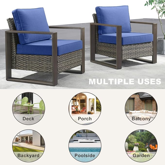 3 Piece Wicker Patio Furniture Set,Patio Bistro Set with 2 Rattan Armrest Chairs and 1 Side Table,Sturdy Frame,All-Weather PE Wicker,Wide Armrest,Deep Seating and Thick Cushions(Mixed Grey/Blue)