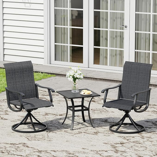 3 Pieces Small Patio Dining Set, 2 Textilene Swivel Chairs and Small Square Outdoor Table, Outdoor Furniture Set for Porch, Lawn, Garden, Black/Black