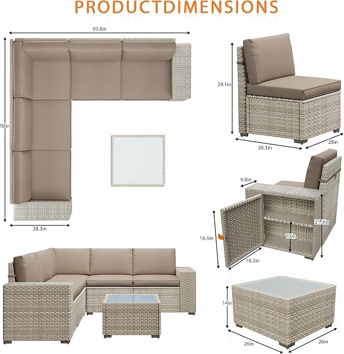 6 Piece Patio Furniture Set, 8" Wide Arm Sectional Sofa Set with Coffee Table, High-Back All-Weather Rattan Outdoor Conversation Set for Garden, Porch, Lawn, Khaki