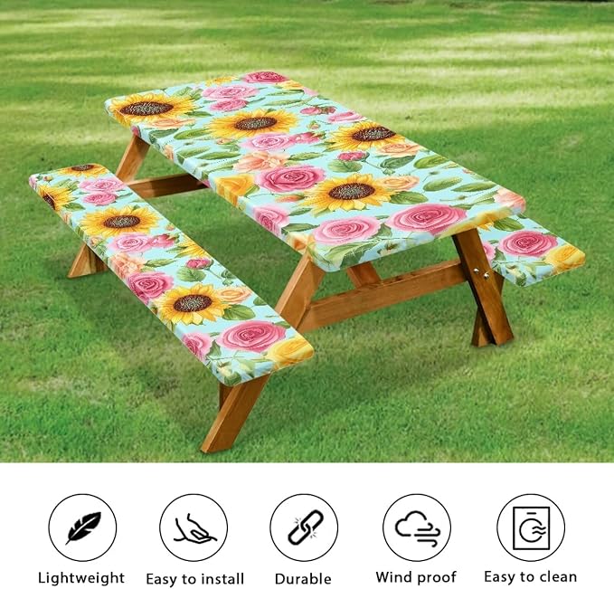Picnic Table Cover with Bench Covers Elastic Edges, Rectangle Fitted Table Cover, Outdoor Patio Camping Essentials 72 Inch 3PCS, Waterproof Camping Fitted Tablecloth