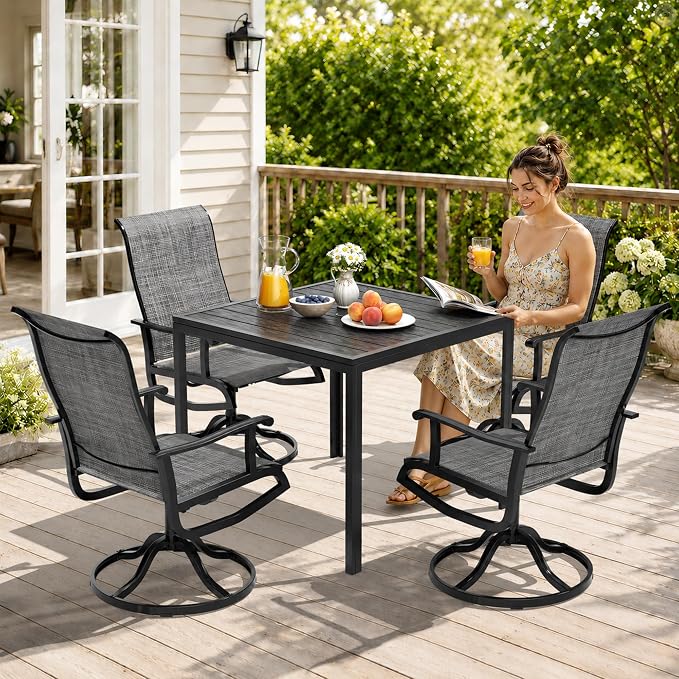 Pamapic 5-Piece Outdoor Dining Set, All Weather Patio Table and Chairs Set with Umbrella Hole, Wood-Like Metal Table and 4 360° Swivel Textilene Chairs for Backyard, Poolside, Deck, Porch, Grey
