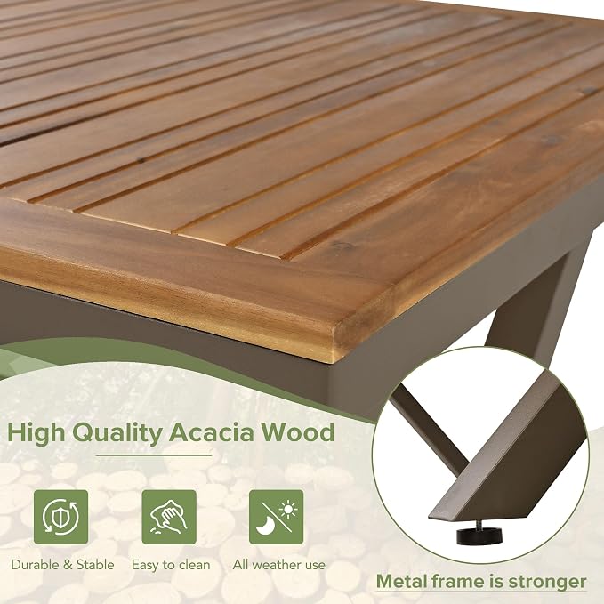 7 Pieces Patio Dining Set, All-Weather Outdoor Furniture Set with Dining Table and Chairs, Acacia Wood Tabletop, Metal Frame, for for Garden, Backyard, Balcony, Beige
