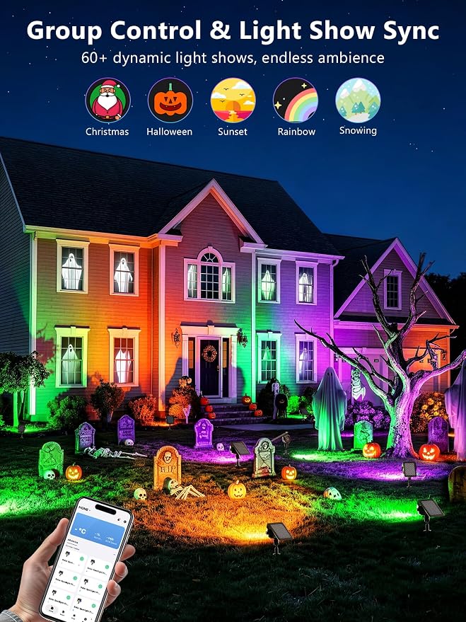 Brizled Smart Solar Spot Lights Outdoor LED Color Changing Landscape Lights | App Control; RGB/ Warm / Cool White Solar Uplights & Landscape Spotlight for Halloween Yard Tree Garden House Exterior