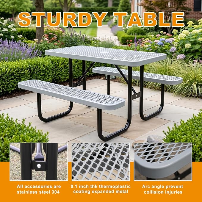4ft Rectangular Picnic Table – Heavy-Duty Metal Mesh Outdoor Dining Table, Thermoplastic Coated Steel, Outdoor Living, Parks & Schools (Gray)