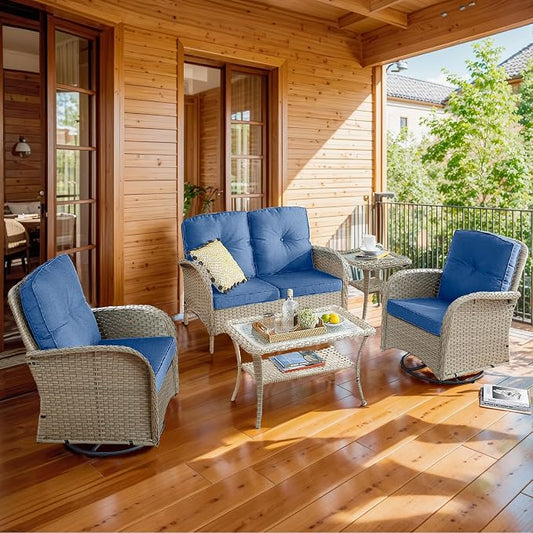 5 Piece Patio Furniture Set - Wicker Patio Conversation Set with Swivel Glider, Loveseat Bench, Tempered Glass Side Table and Coffee Table for Deck Backyard - Light Beige Wicker Blue Cushion