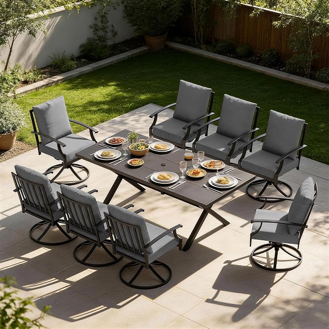 9 PCS Outdoor Patio Dining Set,Patio Table and Chairs Metal Outdoor Patio Furniture Set with Umbrella Hole,Dining Table Set with 8 Swivel Chairs for Deck,Backyard and Garden,Grey