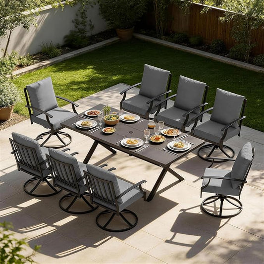 9 PCS Outdoor Patio Dining Set,Patio Table and Chairs Metal Outdoor Patio Furniture Set with Umbrella Hole,Dining Table Set with 8 Swivel Chairs for Deck,Backyard and Garden,Grey