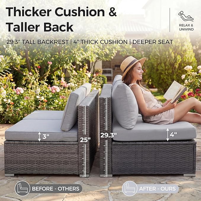 NICESOUL 13 Piece Outdoor Sectional w/Fire Pit Table, Luxury Modular Patio Furniture Set w/Chaise Lounge, Plus 29.3'' High-Back Seating Sofa, All-Weather Deck Couch for Poolside, Yard, Light Grey