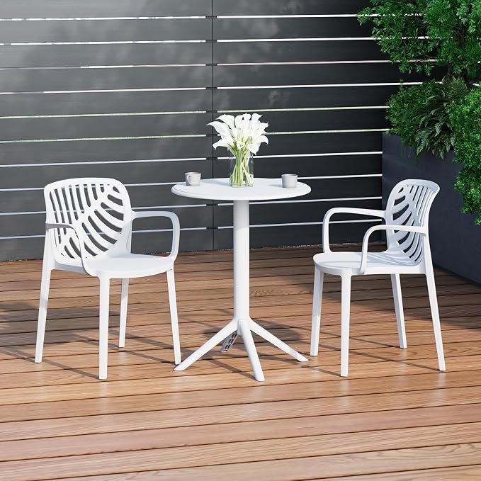 Costaelm Patio Table for 4-Person, Outdoor Patio PP Round Dining Table, All-Weather Bistro Dining Table for Backyard Deck Porch Poolside, White