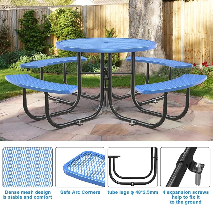 KEIKI 78.7" Heavy-Duty Metal Picnic Table w/2.05" Umbrella Hole, Round Commercial Outdoor Steel Table for 4–8 People, 2.5mm Mesh Top, Rust-Resistant Coating, Patio Backyard Park Dining Furniture, Blue