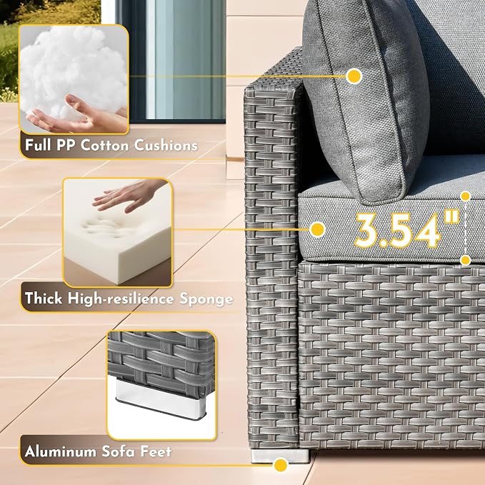 Weaxty 5 Pieces Wicker Patio Furniture Sets, Outdoor Sectional Sofas with Coffee Table, Thicken Cushion All Weather Rattan Patio Conversation Couch Set for Porch Balcony Yard Poolside, Dark Grey
