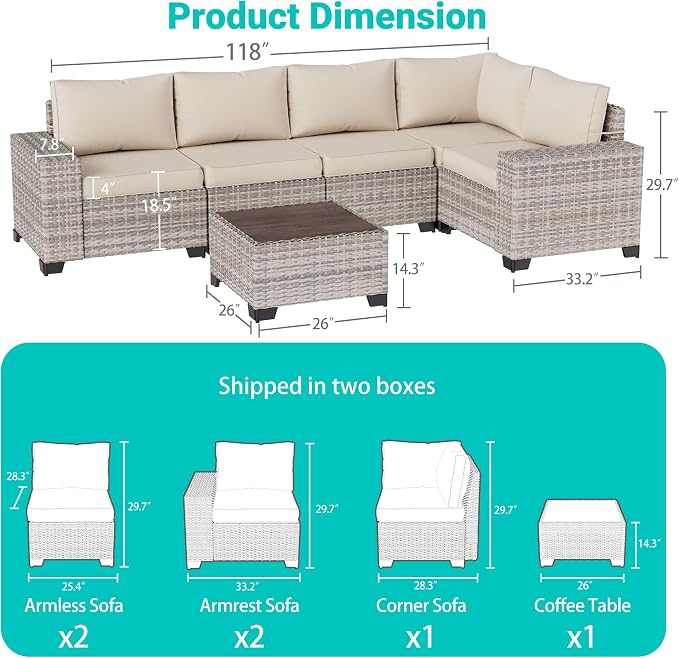 6-Piece Outdoor Patio Furniture Set Wicker Sectional Sofa Set, Patio Conversation Set with Thickened Cushions & Chunky Arms Coffee Table for Garden, Backyard, Poolside, White