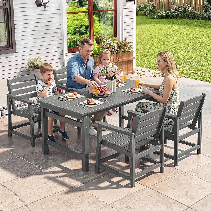 Furnimart 5-Piece Outdoor Dining Set, 67" HDPE Dining Table and Chairs for 4, All-Weather Patio Dining Set with Umbrella Hole, Outdoor Furniture Set for Backyard, Garden, Lawn & Poolside, Grey