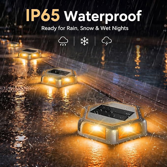 Solar Dock Lights Outdoor, 12 Pack Warm White Solar Deck Lights with 6 LEDs, IP65 Waterproof Solar Driveway Lights, Auto On/Off Deck Lights for Driveway, Pathway, Patio, Garden, Steps