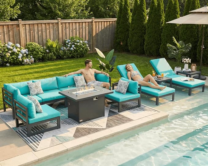 NICESOUL 11 Piece Extra Large Contemporary Aluminum Outdoor Furniture Set with Chaise Lounge & Fire Pit Table, 29" Deep Couch Set, 500 lbs High Weight Capacity Patio Sectional Sofa for Poolside, Teal