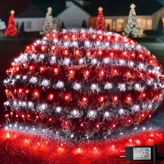 Pooqla Red and White Christmas Net Lights Outdoor, 15x 5ft Green Wire | 300 LED Large Net Mesh Lights Plug in, 8 Modes Waterproof Connectable Bushes Lights for Christmas Hedge Yard Decor