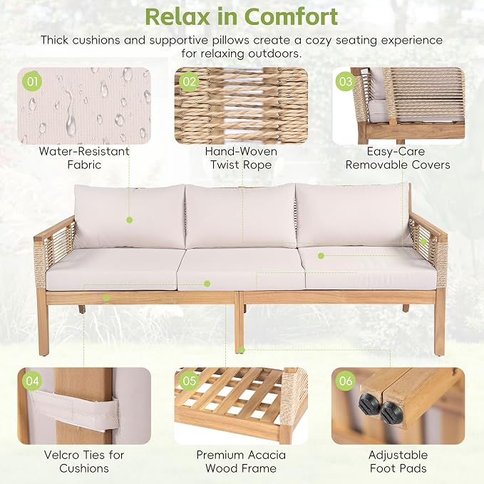 KLMM 5-Piece Patio Acacia Wood Sofa Set,Outdoor Hand Woven Rope Conversation Set with 3 Seater Sofa,2 Chairs and 2 Coffee Tables,for Garden Backyard Poolside (Teak+ Beige-pa)