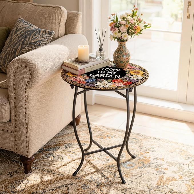 Outdoor Side Table, Versatile Round Small Table for Balcony Yard Porch Rocking Chair and Pool Chair, Weather Resistant Metal Patio Table for Indoor Outdoor Use