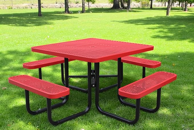 46" Square Picnic Table for Outside,Red Heavy Duty Metal Picnic Table Bench Set with 2in Umbrella Hole, 1600 lb Capacity,Commercial Dining Table Furniture for Garden Yard Patio Party Coffee Shop