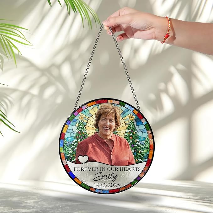 Personalized Memorial Photo Suncatcher – “Forever in Our Hearts” Christmas Ornament – in Loving Memory Gift for Mom or Grandma from Family – Custom Photo Remembrance Keepsake