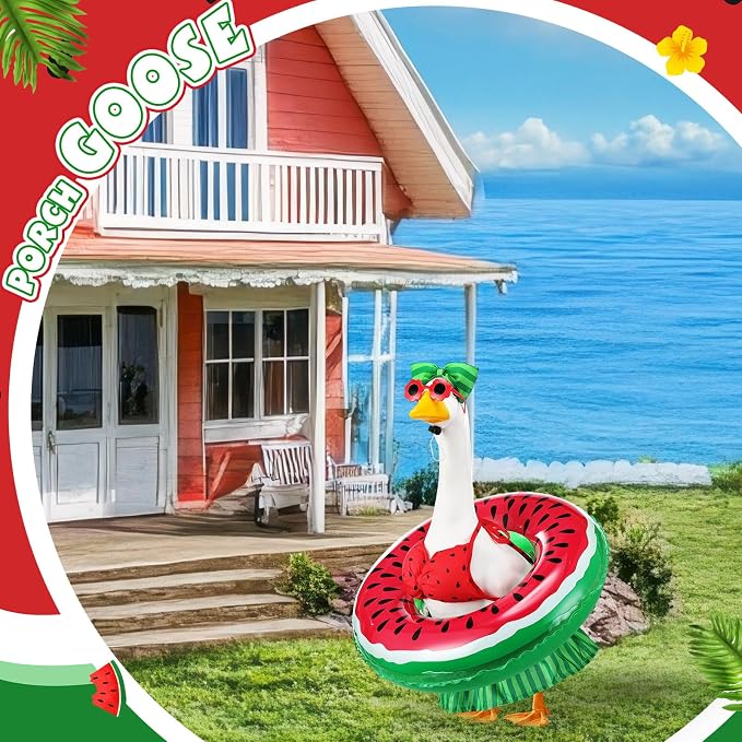 Bikini Porch Goose Outfits with Sunglasses and Swimming Tube for 23" Summer Goose Costume Garden Patio Statue Decor(Watermelon)
