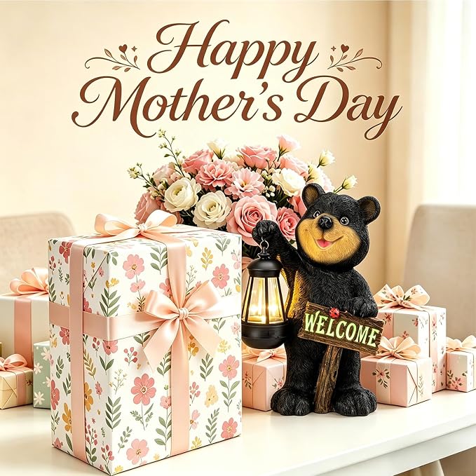 Juegoal Garden Bear Statue with Solar LED Lantern, Luminous Welcome Sign, Gifts for Mom Yard Art, Whimsical Figurine Large Sculpture Lighted Outdoor Mother's Day Spring Decorations for Lawn, Porch