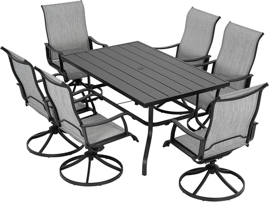 NUU GARDEN 7-Piece Outdoor Dining Set, Metal Patio Table with Umbrella Hole, 6 High-Back All-Weather Textilene Swivel Chairs for Garden, Poolside and Backyard, Black and Light Gray