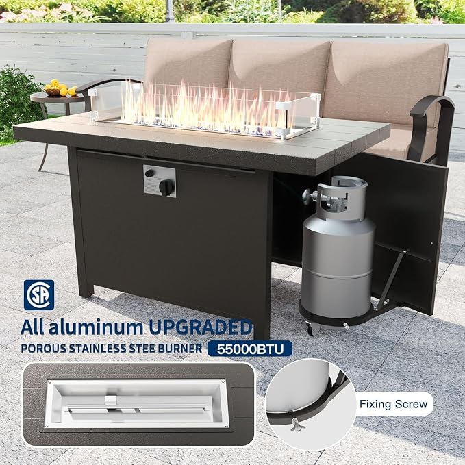 Kullavik Aluminum Patio Furniture Set,5 Piece Modern Metal Outdoor Patio Furniture w/5.1'' Thick Cushion and 45" Propane Fire Pit Table,Patio Conversation Sets for Porch,Deck,Sand