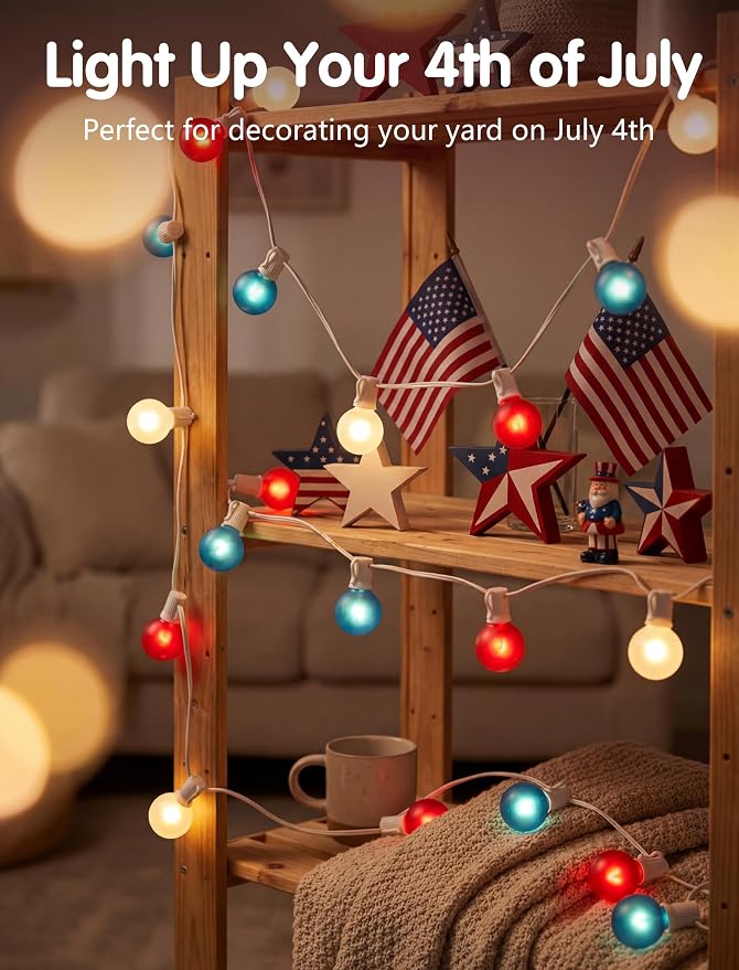 SUNSGNE 25FT G40 Red White and Blue String Lights Outdoor, Frosted Globe 4th of July Lights, Waterproof Connectable Patriotic Light for July 4th Independence Day, Memorial Day