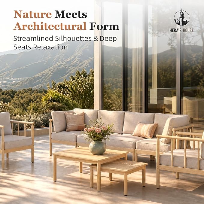 HERA'S HOUSE Patio Furniture,Acacia Wood Outdoor Sectional Sofa with 5.5" Ultra-Thick Cushions, L Shaped Modular Patio Conversation Set,Lawn Garden Backyard Couch Set with Nesting Tables,Beige