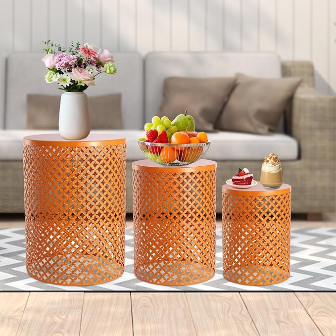 Outdoor Side Table, 3PCS Round Metal Frame Coffee End Tables, Modern Decorative Garden Stool, Multifunctional Nesting Side Table for Garden, Balcony, Cafe, Park, Pool Side (Orange)