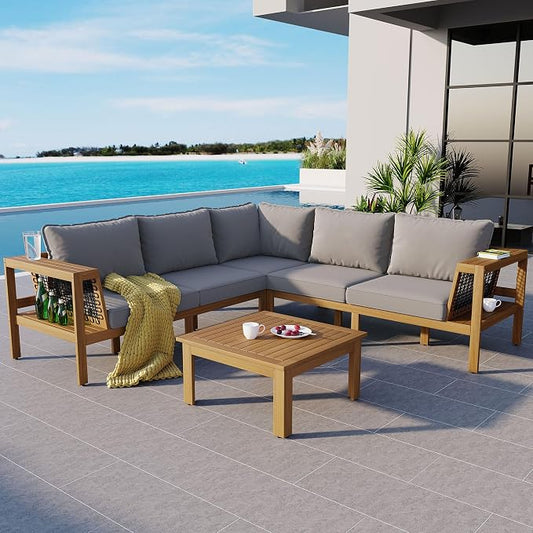 4 Pieces Outdoor Acacia Wood Sofa Set,Woven Mesh Armrests, L-Shaped Patio Furniture Sofa Set with Coffee Table, Outdoor Conversation Set (Gray+Natural#49)