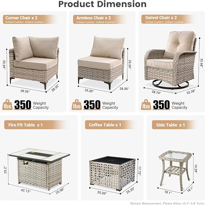 Outdoor Patio Furniture Sets,9 PCS Patio Conversation Set Outside Rattan Sectional Sofa with 42 in Square Fire Pit Table Wicker Rocking Chair Coffee Table Fit Backyard Garden Poolside Balcony