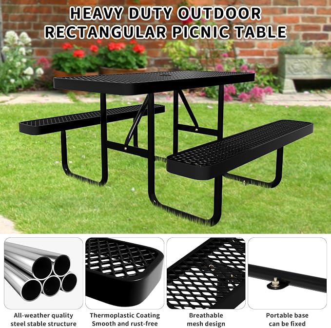 4FT & 6FT Outdoor Picnic Table, Rectangle Metal Picnic Table with Benches, Heavy-Duty Steel for Patio Garden Park Camping - Commercial & Residential Use, Weather Resistant, Easy Assembly (4FT)